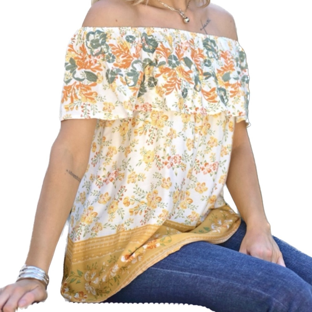 FLORAL EMBROIDERY OFF SHOULDER FRILL BORDER PRINTED TOP